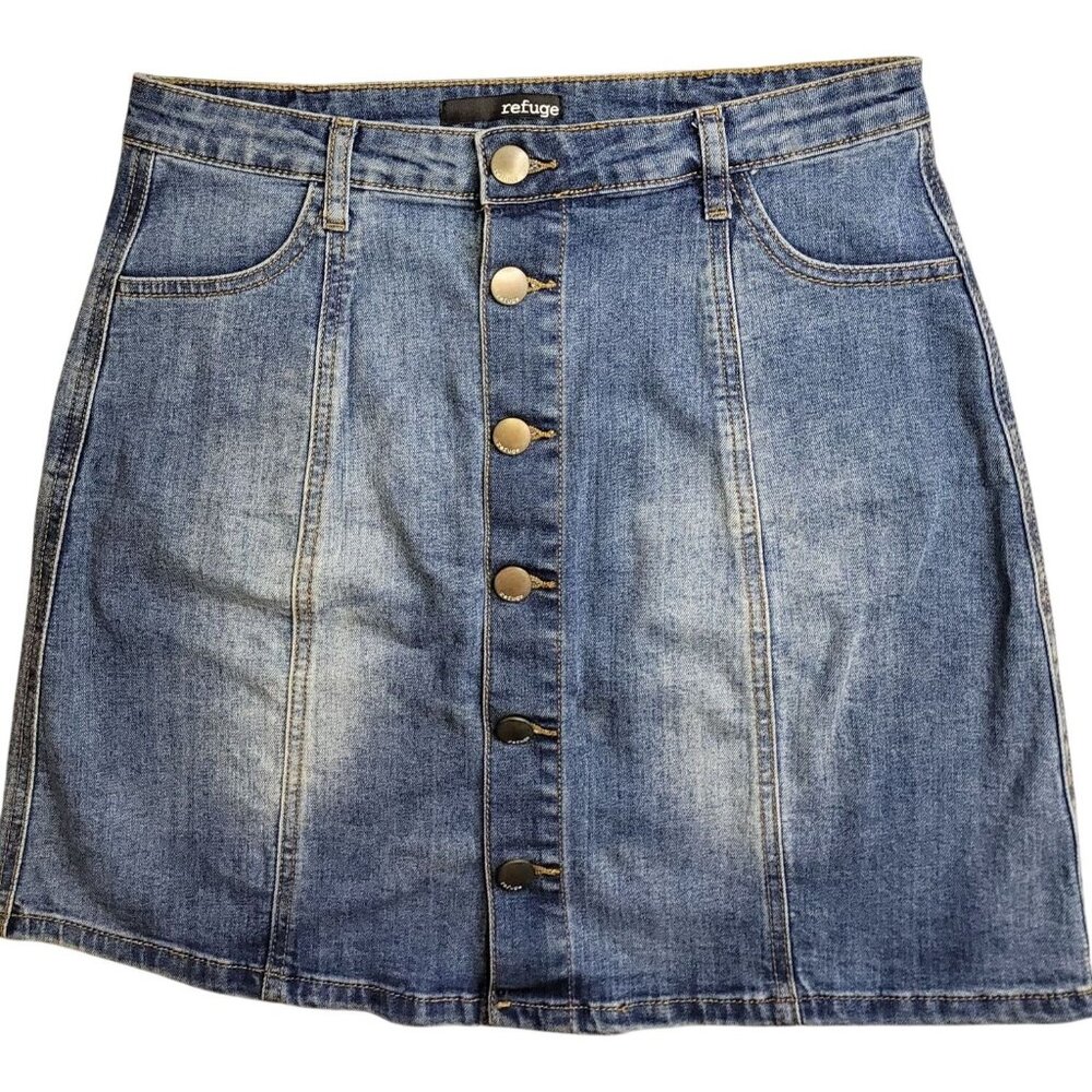Refuge Denim Mini Skirt Sze 10 Medium Wash Distressed Button Front Festival Boho